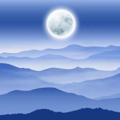 Background with fullmoon and mountains in the fog