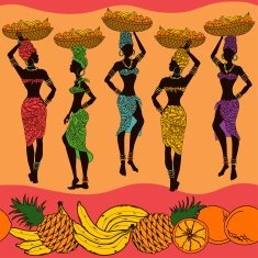 African seamless pattern of fruits and beautiful street vendors