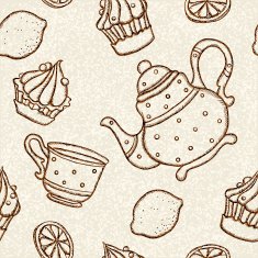 Seamless pattern with teacup teapot lemons and cakes