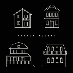 Houses Set drawn white outline on a black background