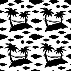 Seamless pattern with coconut palm trees clouds hammock N5