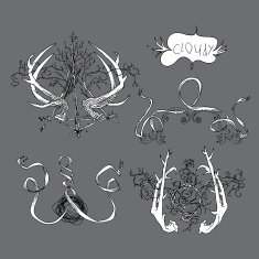 set of true gothic elements of design with horns of deer and a crown of thorns with ribbons