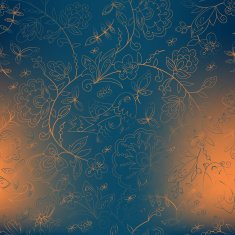 bird and flower blue background orange spots N2