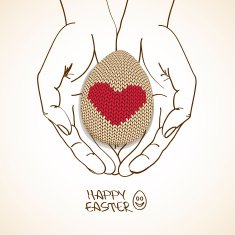 Easter greeting card with human hands holding knitted egg
