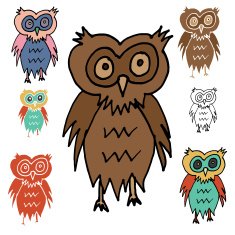 Cartoon Owl with Variations - Stencil silhouette and Colored Versions N9