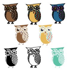 Cartoon Owl with Variations - Stencil silhouette and Colored Versions N10