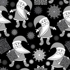 Seamless pattern with Santa Clauses gifts and snowflakes
