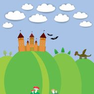 landscape with castle wizard Cartoon Dragon bats and blue vector N2