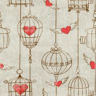Seamless pattern with birds cage and hearts