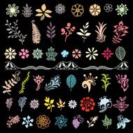 Design elements set flowers and leaves doodle floral collection N2