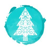 Watercolor blue circle paint stain and Christmas tree