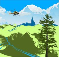 helicopter flying over the green valley with a river