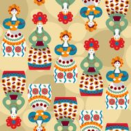 Russian traditional handmade doll Dymkovo toys souvenir Seamless background pattern