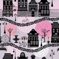 Seamless pattern with fairy tale houses City endless background