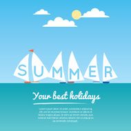 Six sailbots on the summer sea flat vector text