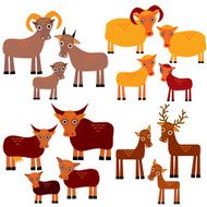 funny animals with cubs Goats sheep cows deer white background N2