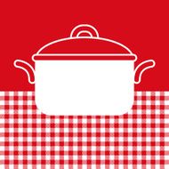 Cooking pot on red and white tablecloth background