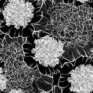 Monochrome floral pattern with peonies on a black background
