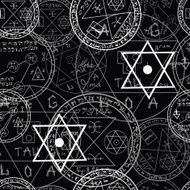 Pattern with mystic symbols and pentacle on black