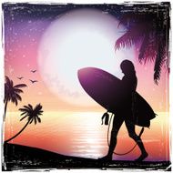 Surfer Girl Silhouette at the beach against a moon