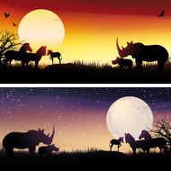 African Rhinos and zebras silhouettes safari illustrations set