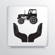 Square Icon With Two Hands Cupping an Agriculture Farm Tractor N2
