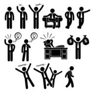 Successful Happy Businessman Poses Stick Figure Pictogram Icons
