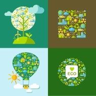 Set of ecology symbols with simply shapes globe tree balloon