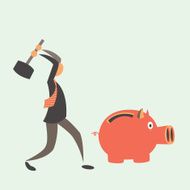 Business man breaking piggy bank with coins