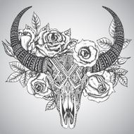 Decorative indian bull skull in tattoo tribal style with flowers