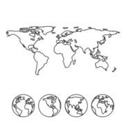 Gray outline map of the world with globe icons N2
