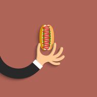 Flat hand with hot dog in cartoon style