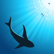 Underwater deep sea background with diver and shark