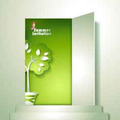 Card with stylized tree in pot near door