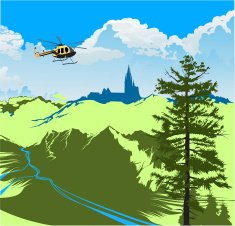 helicopter flying over the green valley with a river