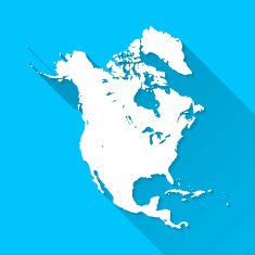 North America Map on Blue Background Long Shadow Flat Design