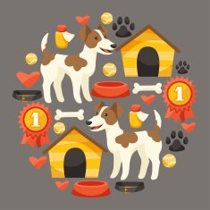 Set of icons and objects with cute dogs