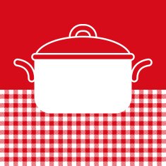Cooking pot on red and white tablecloth background