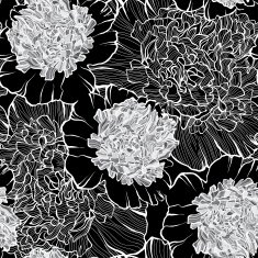 Monochrome floral pattern with peonies on a black background