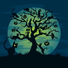 Cats and Jack O'Lanterns in a Halloween tree