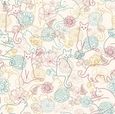 Cats In The Garden Seamless Pattern Background N2