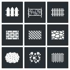 Collection of fences from different materials icons set