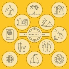 Round outlined travel and tourism icons set
