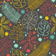 Seamless pattern with tropic leaves contour drawing