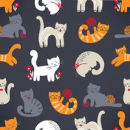 Seamless pattern with cute cats on dark background