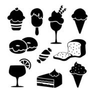 Set of black isolated food icons desserts ice creams vector