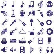 musical instruments and sound icons on white