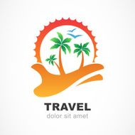 Palm tree and sun on hand Vector logo design template
