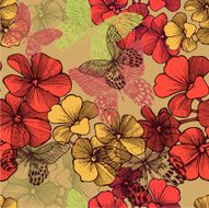 Seamless pattern with blooming geraniums and decorative butterflies Vector illustration