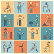 Construction worker icons flat line